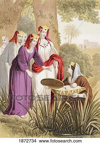 Picture - The Infant Moses Is Found In The Bulrushes On The River Bank By The Pharaoh's Daughter. From The Holy Bible Published By William Collins, Sons, & Company In 1869. Chromolithograph By J. M. Kronheim & Co.. Fotosearch