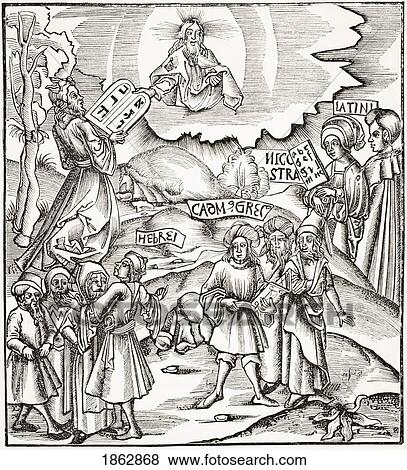 Stock Photo - The Institution Of Languages. Facsimile Of A Wood Engraving From The Margarita Philosophica Nova. From Science And Literature In The Middle Ages By Paul Lacroix Published London 1878. Fotosearch