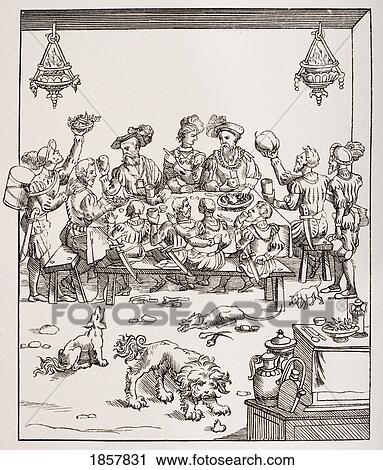 Stock Image - The Issue De Table. 19Th Century Reproduction Of Woodcut In The Treatise Of Christoforo Di Messisburgo Called Banchetti Compositioni Di Vivende Published Ferrara 1549. Fotosearch