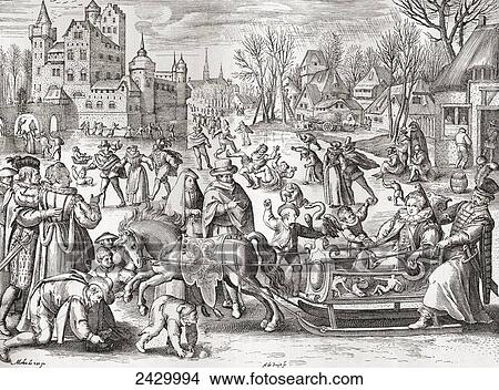 Picture - The Joys of Winter, after the 16th century engraving by De Bruyn. From Illustrierte Sittengeschichte vom Mittelalter bis zur Gegenwart by Eduard Fuchs, published 1909.. Fotosearch