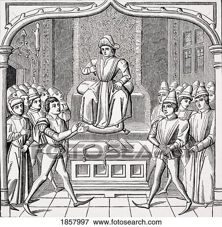 Stock Photo - The Judicial Duel. The Plaintiff Opening His Case Before The Judge. Copy Of Miniature In 15Th Century Manuscript Ceremonies Des Gages Des Batailles. Fotosearch