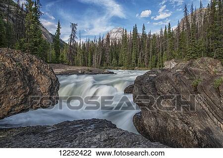 Stock Image - The Kicking Horse River flows over a waterfall before it goes beneath a natural bridge, Yoho National Park; British Columbia, Canada. Fotosearch