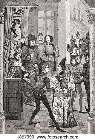 Stock Photo - The Kings Court Or Grand Council. Copy Of Miniature In The Chroniques Of Froissart. 15Th Century Manuscript.. Fotosearch