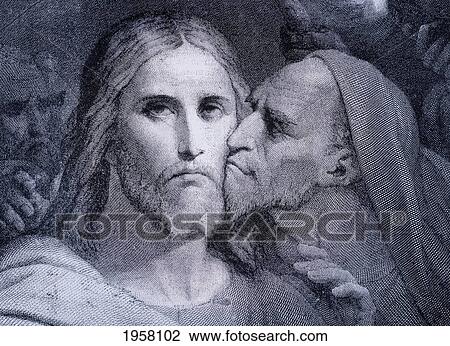 The Kiss. Judas Iscariot Kisses Jesus Christ In The Garden Of Gethsemane. From El Mundo Ilustrado, Published Barcelona, Circa 1880. View Large Photo Image Stock Image - The Kiss. Judas Iscariot Kisses Jesus Christ In The Garden Of Gethsemane. From El Mundo Ilustrado, Published Barcelona, Circa 1880.. Fotosearch