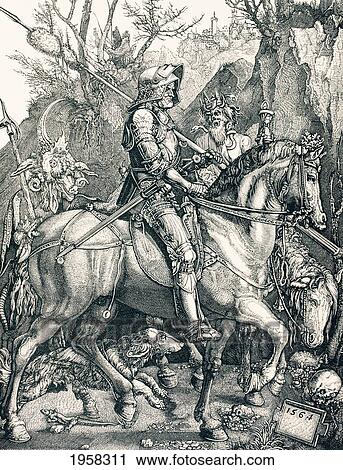 Stock Image - The Knight Of Death. Sin And Death Accompany Him, Personified By His Footman And Squire. After The Original Engraving Of Albert Durer Dated 1513. From Military And Religious Life In The Middle Ages By Paul Lacroix Published London Circa 1880.. Fotosearch