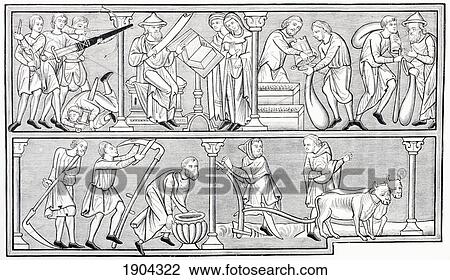 Stock Image - The Labours Of War, Science, Commerce And Agriculture. After A Miniature In A 13Th Century Psalter. From Les Artes Au Moyen Age, Published Paris 1873.. Fotosearch