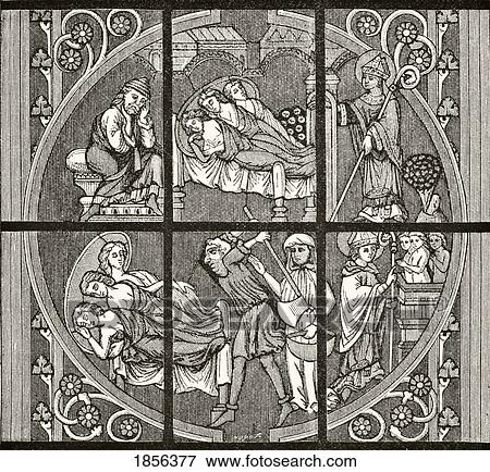 Stock Photo - The Legend Of St Nicholas After The Stained Glass Window In The Ambulatory Of Bourges Cathedral From Science And Literature In The Middle Ages By Paul Lacroix Published London 1878. Fotosearch
