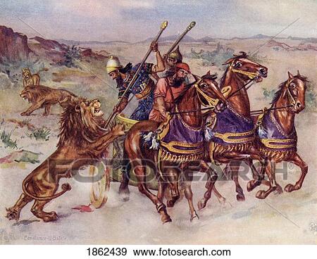 Stock Photo - The Lion Hunt Of An Assyrian King Illustration By Constance N Baikie From The Book The Ancient East And Its Story By James Baikie Published C. 1920. Fotosearch