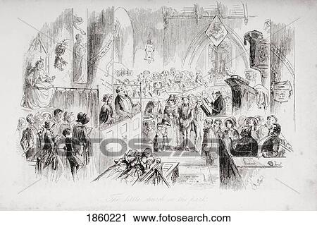 Stock Image - The Little Church In The Park. Illustration By Phiz (Hablot Knight Browne) 1815-1882. From The Book Bleak House By Charles Dickens. Published London 1853.. Fotosearch