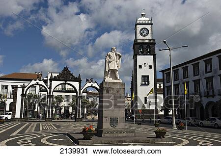 Stock Image - The main square and town gates of Ponta Delgada; Sao Miguel, Azores, Portugal. Fotosearch