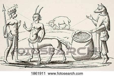 Stock Image - The Man-Dog, The Man-Wolf, The Man-Bull And The Man-Pig. After Miniatures In The 14Th Century Manuscript Livre Des Merveilles Du Monde. From Science And Literature In The Middle Ages By Paul Lacroix Published London 1878. Fotosearch