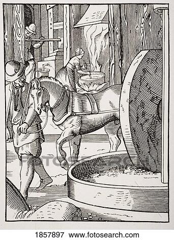 Stock Photo - The Manufacture Of Oil. 19Th Century Copy Of Work Drawn And Engraved By Jost Amman In 16Th Century. Fotosearch