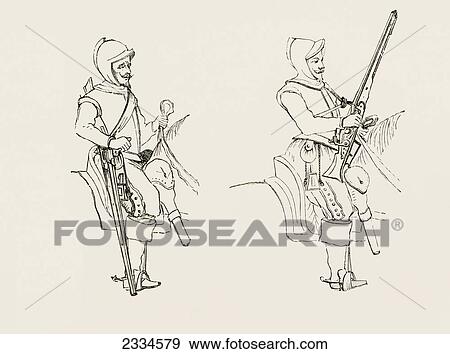 Stock Photo - The Marching Posture Of The Harquebusiers. Harquebusiers With Snap-Hance Carbines, Dated 1632. From The British Army: It's Origins, Progress And Equipment, Published 1868.. Fotosearch