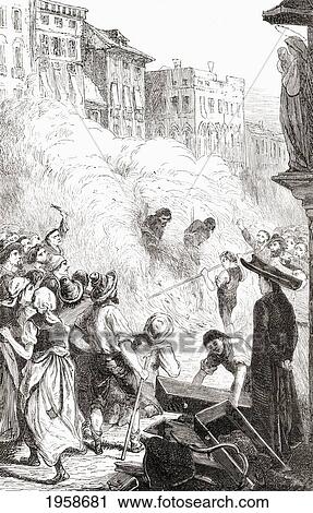 Stock Image - The Massacre Of Protestants At Barletta, Italy In 1866. From The Book Of Martyrs By John Foxe, Published C. 1865.. Fotosearch