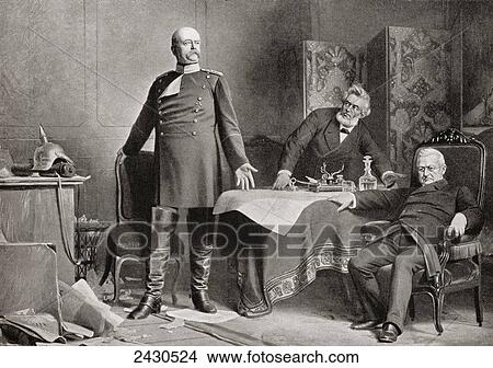 Picture - The meeting between Otto von Bismarck, left, and Adolphe Thiers, seated far right, at the Palace of Versailles, France, signalling the end of the Franco-Prussian war in 1871. From Edward VII His Life and Times, published 1910.. Fotosearch
