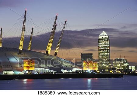 Stock Photo - The Millennium Dome & Canary Wharf Tower, Greenwich. Fotosearch