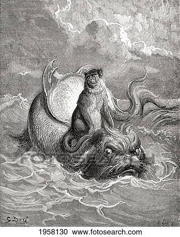 Stock Image - The Monkey And The Dolphin After A Work By Gustave Dore For A La Fontaine Fable. From Life And Reminiscences Of Gustave Dore, Published 1885.. Fotosearch