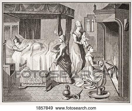 Stock Photo - The New Born Child. 19Th Century Reproduction From A 15Th Century Miniature In Histoire De La Belle Helaine. Fotosearch