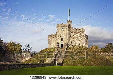 Stock Image - The Norman Shell Keep of Cardiff Castle; Cardiff, Wales. Fotosearch