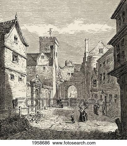 Stock Photograph - The North Gate And Bocardo Prison, Oxford, England Where Latimer, Ridley And Cranmer Were Held In The 1550S Before Being Executed. From The Book Of Martyrs By John Foxe, Published C. 1865.. Fotosearch