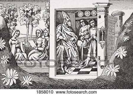 Stock Image - The Old Man Of The Mountain Giving Orders To His Followers. Copy Of Miniature In 15Th Century Manuscript Of Marco PoloÃƒâ€šÃ‚Â´S Travels. Fotosearch