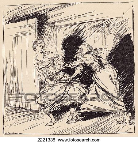 Stock Photography - The Old Woman Seized Her By The Gown And Tried To Hold Her Fast. Illustration By Arthur Rackham From Grimm's Fairy Tale, The Enchanted Tree.. Fotosearch