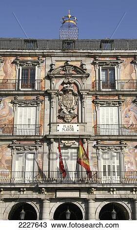 Stock Image - The Painted Facades Of The Plaza Mayor, Main Square In Madrid, Spain, Europe, Eu. Fotosearch