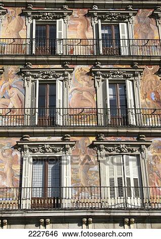 Stock Photograph - The Painted Facades Of The Plaza Mayor, Main Square In Madrid, Spain, Europe, Eu. Fotosearch