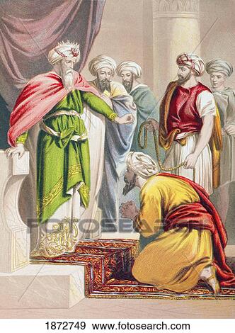 Stock Photo - The Parable Of The King And The Unmerciful Servant. The King Cancels The Servants Debt. From The Holy Bible Published By William Collins, Sons, & Company In 1869. Chromolithograph By J. M. Kronheim & Co.. Fotosearch