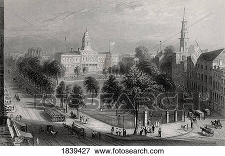 Stock Photo - The Park And City Hall New York Usa From A 19Th Century Print Engraved By S Lacey After W H Bartlett. Fotosearch