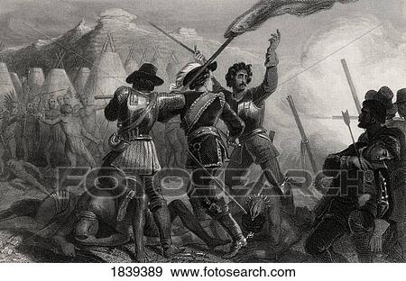 Stock Photo - The Pequod War 1637 Connecticut Usa From A 19Th Century Print Engraved By J C Armytage After E H Corbould. Fotosearch