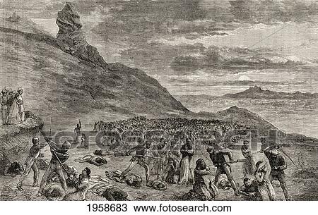 Stock Image - The Persecution And Massacre Of The Christians On The Island Of Madagascar In 1849. From The Book Of Martyrs By John Foxe, Published C. 1865.. Fotosearch