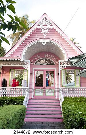 Stock Image - The Pink House, Local Shop In Mustique Island, St Vincent And The Grenadines, West Indies. Fotosearch