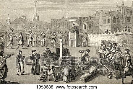 Stock Photo - The Place Of Martyrdom Of Bishops Ridley And Latimer At Oxford, Showing Dr. Smith Preaching Before Their Execution. From The Book Of Martyrs By John Foxe, Published C. 1865.. Fotosearch