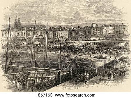 Stock Image - The Port Of Barcelona Spain From The Book Spanish Pictures By The Rev Samuel Manning Published 1870. Fotosearch