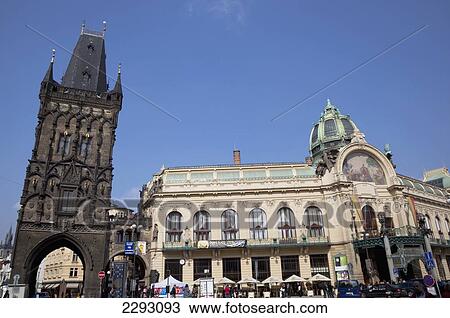 Stock Image - The Powder Gate and the exterior of the Art Nouveau Obecni dum building (The Municipal House), Prague, Czech Republic, Europe. Fotosearch