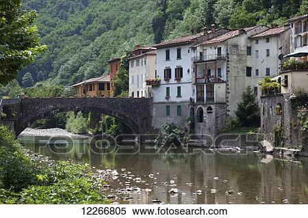 Stock Photography - The quaint village of Bagni di Lucca in the Alpuan Alps; Bagni di Lucca, Tuscany, Italy. Fotosearch