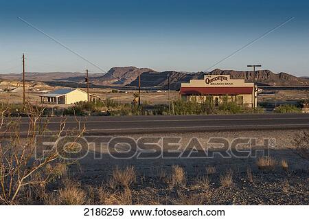 Stock Photo - The Quicksilver Branch Bank Opposite The Big Bend Resort And Adventures Hotel, Route 118 At Route 170, Terlingua, Big Bend, Texas, Usa. Fotosearch