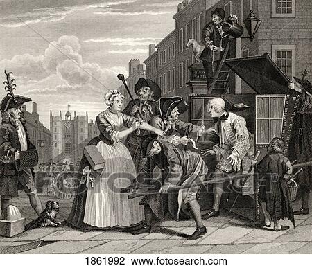 Stock Image - The Rakes Progress Arrested For Debt As Going To Court From The Original Picture By Hogarth From The Works Of Hogarth Published London 1833. Fotosearch