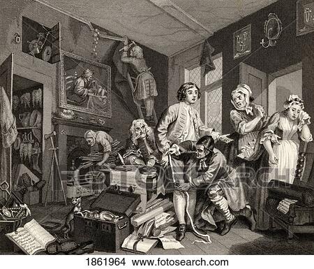 Picture - The Rakes Progress The Young Heir Takes Possession Of The Misers Effects From The Original Picture By Hogarth From The Works Of Hogarth Published London 1833. Fotosearch