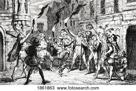 Stock Image - The Revellers Engraving By George Cruikshank Dated 1845 Of A Scene From Sir Walter Scott's Novel The Fair Maid Of Perth. Fotosearch