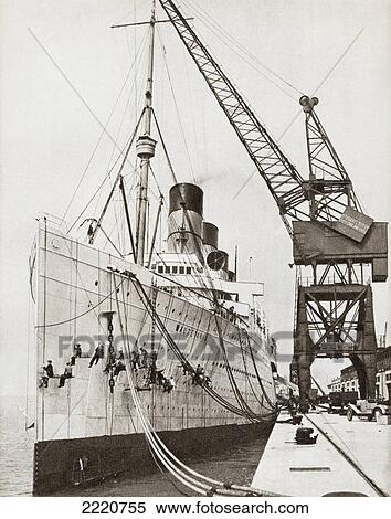 Stock Photography - The Rms Mauretania Docked And Beingpainted. From The Story Of 25 Eventful Years In Pictures, Published 1935.. Fotosearch
