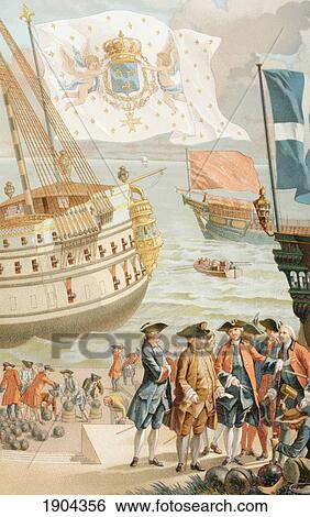 Stock Photograph - The Royal Flag Of France Flying Over A French Navy Ship Of The 18Th Century. From Xviii Siecle Institutions, Usages Et Costumes, Published Paris 1875.. Fotosearch