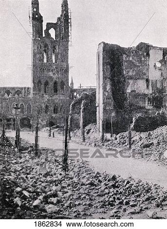 The Ruined Tower Of The Cloth Hall At Ypres 1915. From The Great World War A History Volume Iii, Published 1916. View Large Photo Image Picture - The Ruined Tower Of The Cloth Hall At Ypres 1915. From The Great World War A History Volume Iii, Published 1916.. Fotosearch