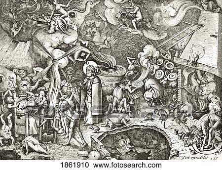 Stock Image - The Sabbath. St James The Elder Combating The Diabolical Enchantments Of A Magician. Engraved In The 16Th Century By Cock After A Composition By Breughel The Elder. From Science And Literature In The Middle Ages By Paul Lacroix Published London 1878. Fotosearch