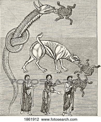 Stock Image - The Serpent, Or The Dragon, And The Behemoth, Or The Devil. After A Miniature From A 12Th Century Manuscript Commentary On The Apocalypse. From Science And Literature In The Middle Ages By Paul Lacroix Published London 1878. Fotosearch