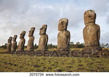 Picture - The Seven Moais (Restored In 1960 By Archaeologist William Mulloy) Of Ahu Akivi Are The Only Moai To Face The Ocean, Rapa Nui (Easter Island), Chile. Fotosearch
