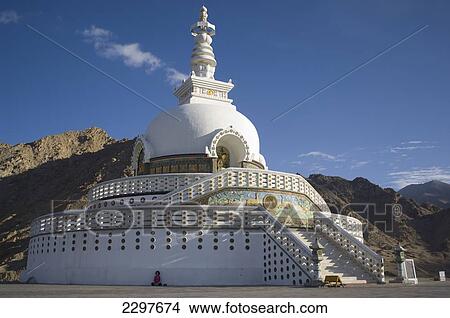 The Shanti (Peace) Stupa in Changspa looking over Leh. Leh was the capital of the Himalayan kingdom of Ladakh, now the Leh District in the state of Jammu and Kashmir, India. Leh is at an altitude of 3, 500 meters (11, 483 ft). View Large Photo Image Picture - The Shanti (Peace) Stupa in Changspa looking over Leh. Leh was the capital of the Himalayan kingdom of Ladakh, now the Leh District in the state of Jammu and Kashmir, India. Leh is at an altitude of 3, 500 meters (11, 483 ft).. Fotosearch