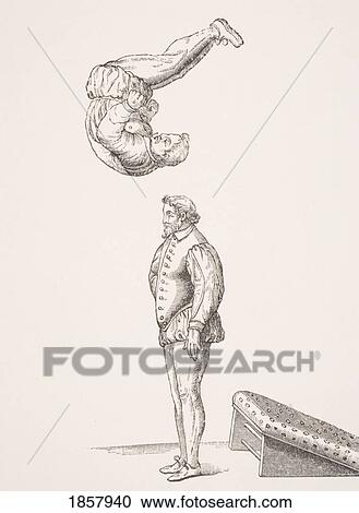 Stock Image - The Spring Board. 19Th Century Reproduction Of 16Th Century Woodcut In Exercises In Leaping And Vaulting By A. Tuccaro. Fotosearch