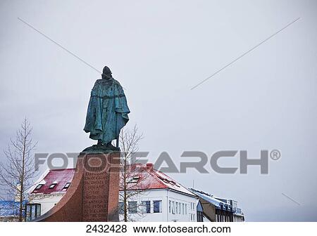 Stock Photo - The statue of explorer Leif Eriksson by Alexander Stirling Calder in front of Hallgr. Fotosearch